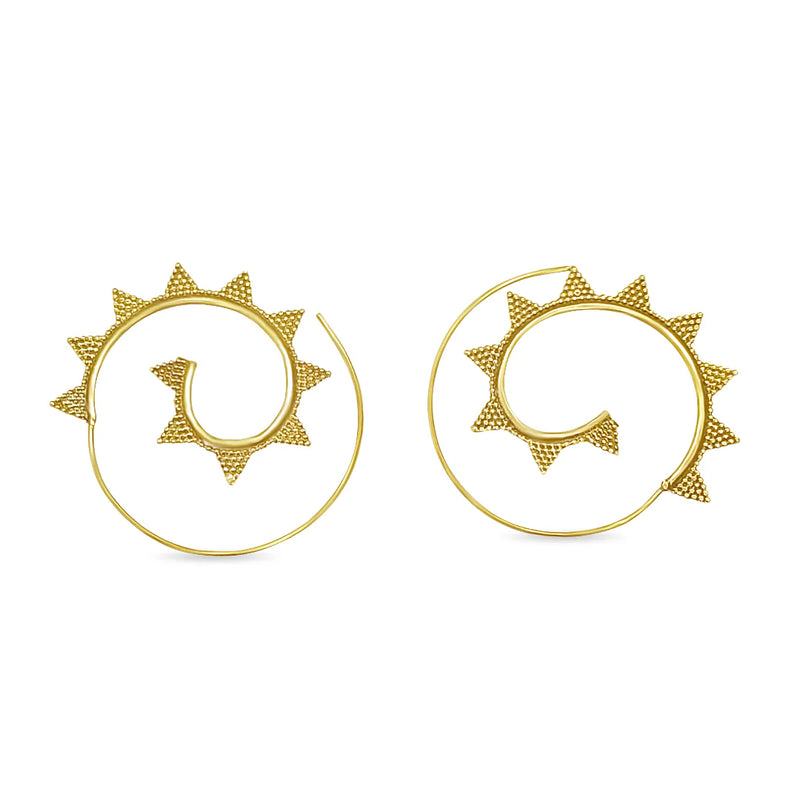 Golden spiral sun hoop earrings with pointed edge design, boho tribal statement jewelry.