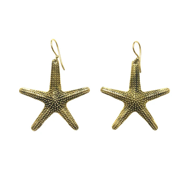Golden starfish drop earrings with textured finish, beach-inspired jewelry design.