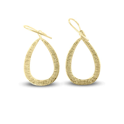 Golden teardrop earrings with textured open design, minimal yet elegant jewelry piece.