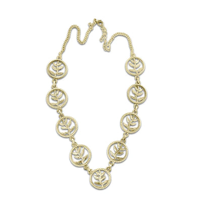 Front view of golden tree of life necklace with linked circle pendants, boho-style accessory.