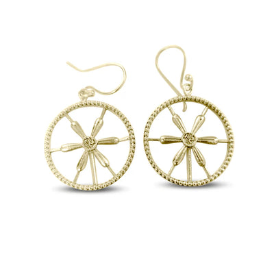 Golden wheel spoke earrings with circular boho design, handcrafted gold jewelry.