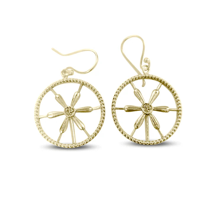 Golden wheel spoke earrings with circular boho design, handcrafted gold jewelry.
