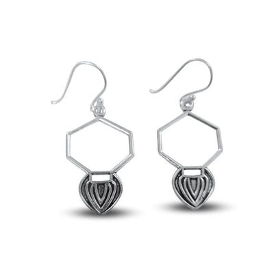 Front view of hexagon silver dangle drop earrings with geometric design and polished finish.
