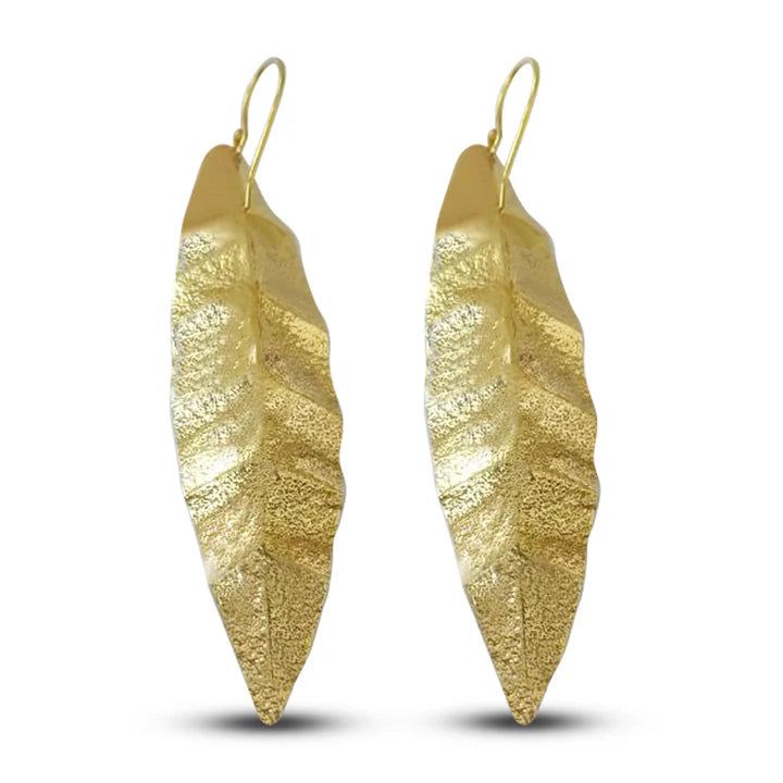 Front view of Laurel Gold Leaf Drop Statement Earrings with textured leaf detailing.