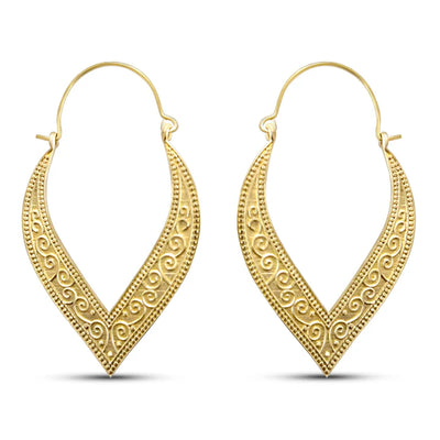 Front view of leaf drops gold plated creole style earrings with elegant curved pattern.