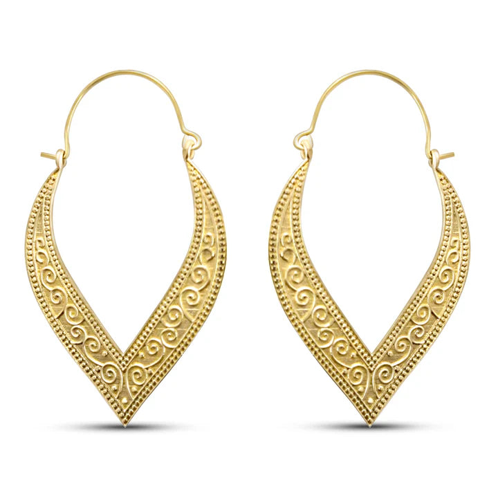 Front view of leaf drops gold plated creole style earrings with elegant curved pattern.