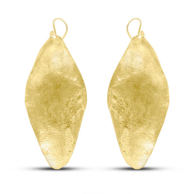 Front view of long gold plated Fulani leaf drop earrings with smooth hammered finish.