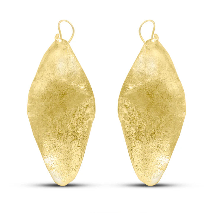 Front view of long gold plated Fulani leaf drop earrings with smooth hammered finish.