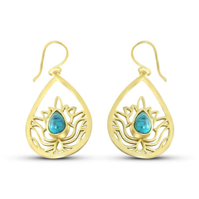 Front view of Lotus Turquoise Droplet Fish Hook Earrings with gold lotus design and blue stone.