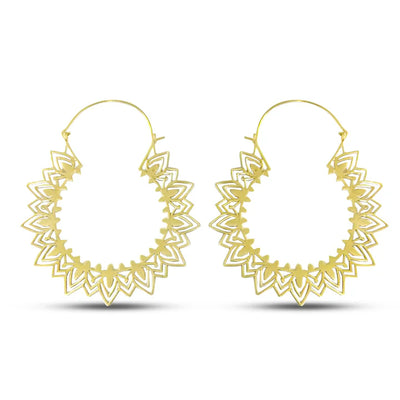 Front view of Mandala Flower Extra Large Hoop Earrings in gold tone.
