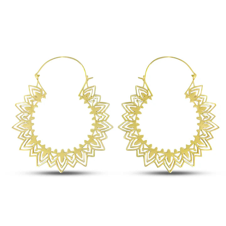 Front view of Mandala Flower Extra Large Hoop Earrings in gold tone.