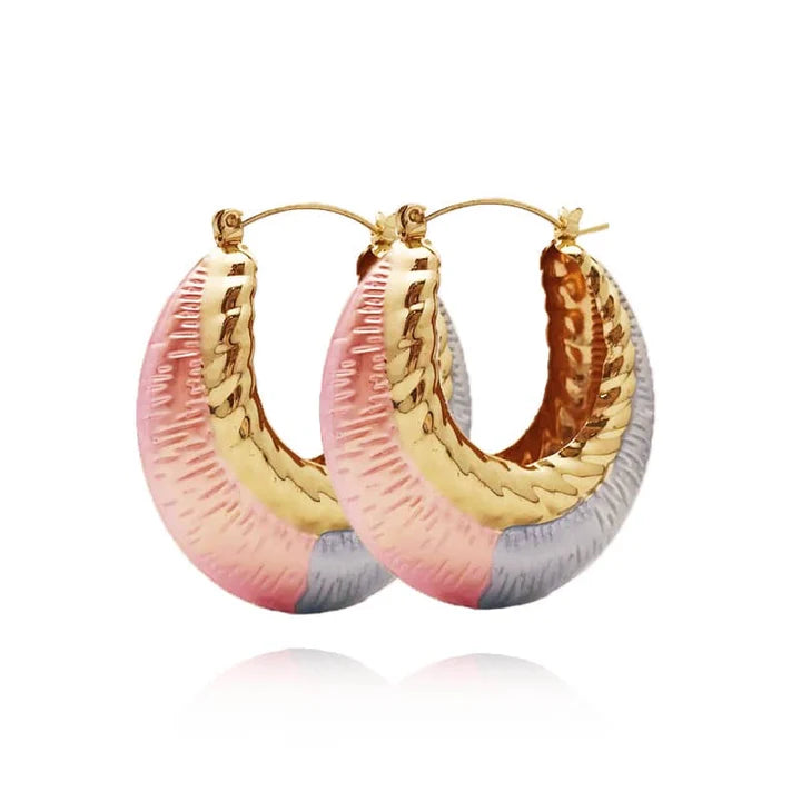 Medium-sized Tricolor Gold Plated Basket Hoop Earrings with glossy metallic finish.