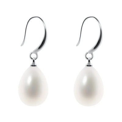 Minimalist pearl drop earrings with silver hook design for women.