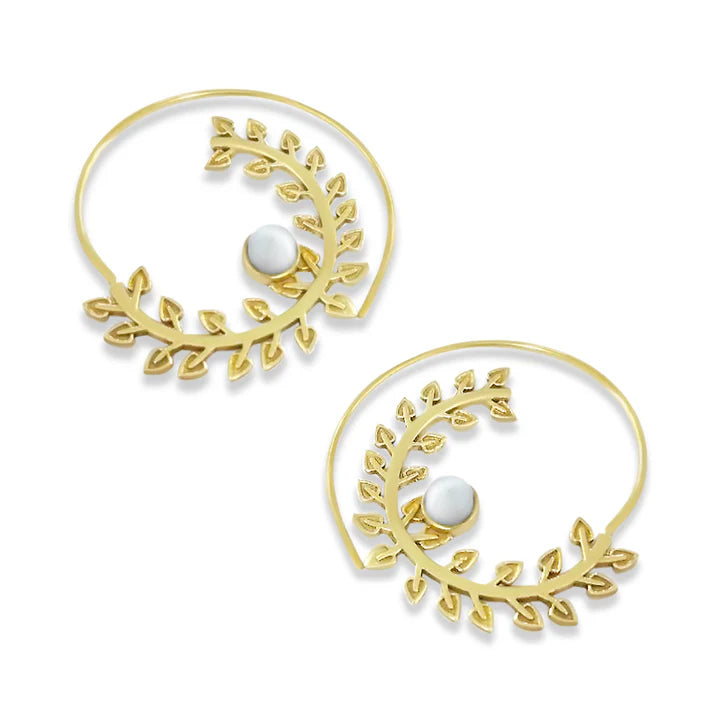Front view of Moonstone Spiral Gold Leaf Center Pearl Earrings featuring elegant swirl design.