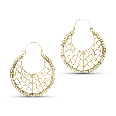 Pair of big gold jali drop hoop earrings showcasing detailed handcrafted filigree pattern.