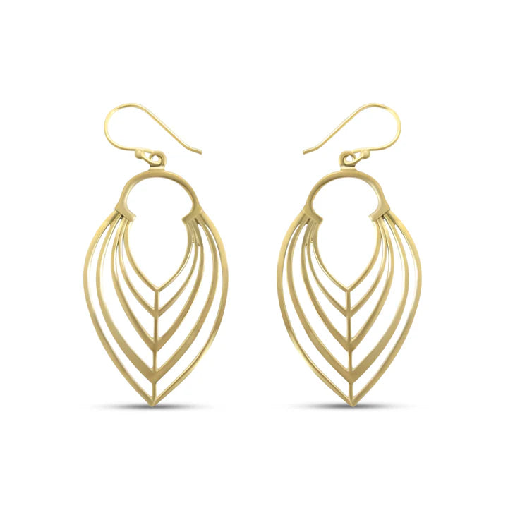 Pair of bohemian style gold tone leaf earrings showcasing elegant minimalist craftsmanship.