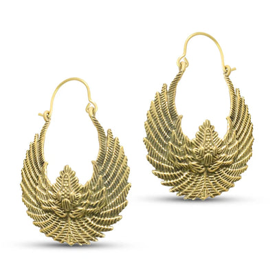 Pair of Egyptian Bird Wings Gold Tone Hoop Earrings showcasing elegant gold texture.