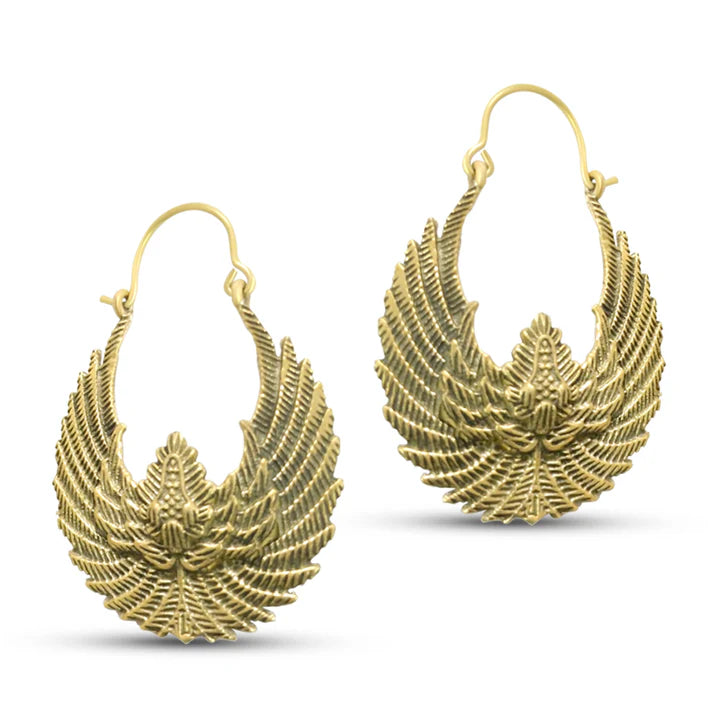 Pair of Egyptian Bird Wings Gold Tone Hoop Earrings showcasing elegant gold texture.