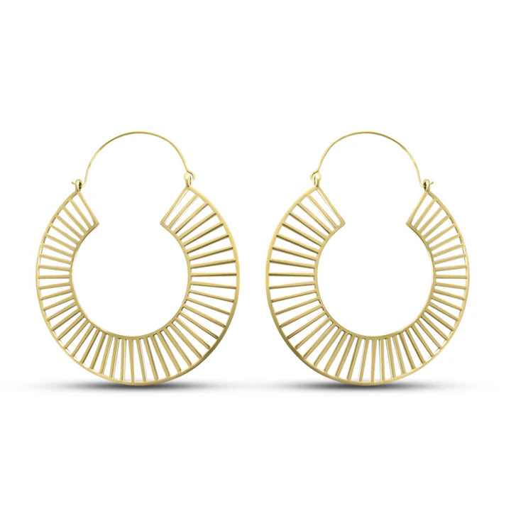 Pair of extra large gold tracks statement hoop earrings featuring bold openwork detailing.