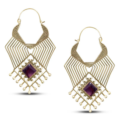 Pair of gold plated geometric drop earrings with purple labradorite gemstone and beaded detailing.