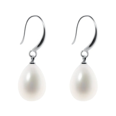 Pair of silver plated pearl drop earrings with elegant teardrop shape.