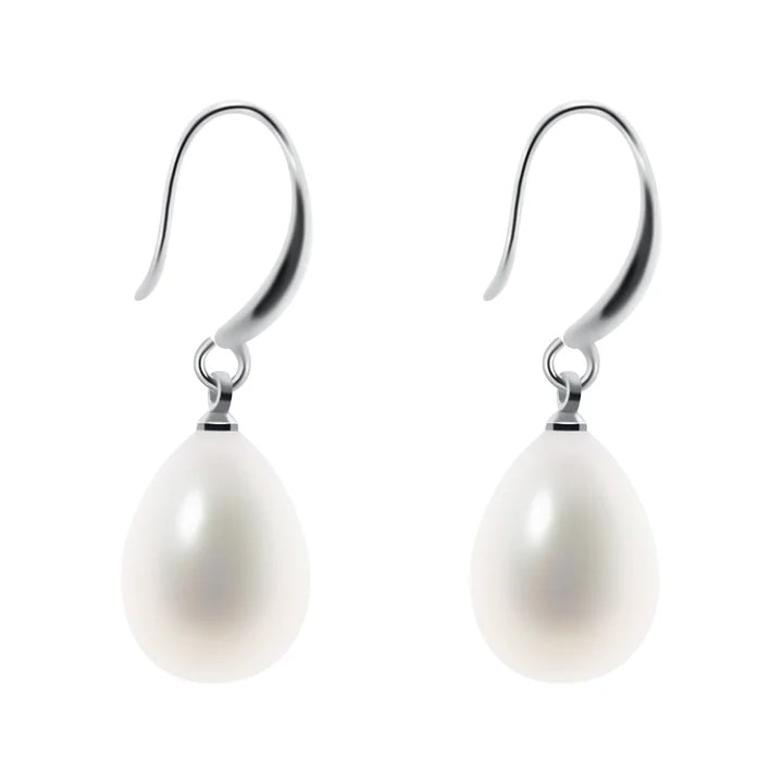 Pair of silver plated pearl drop earrings with elegant teardrop shape.
