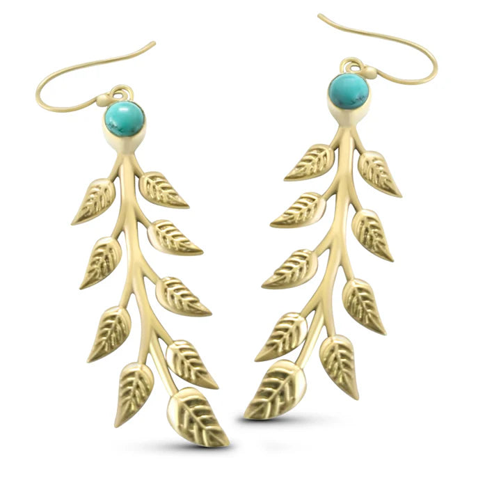 Pair of Gold Caesar Leaf drop earrings with turquoise stones captured from an angled view.