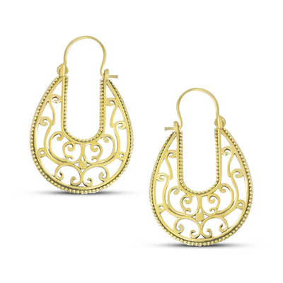 Pair of Gold Filigree Peacock Hoop Earrings featuring detailed filigree craftsmanship.