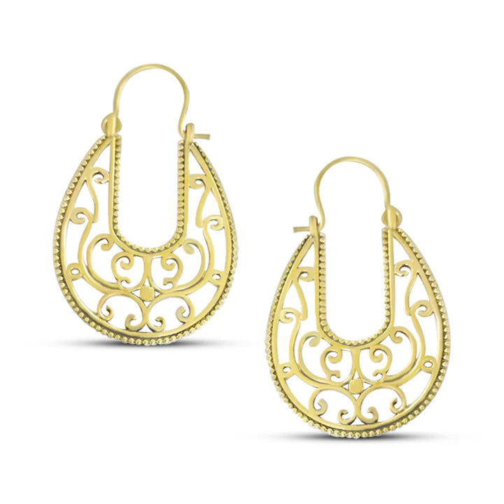 Pair of Gold Filigree Peacock Hoop Earrings featuring detailed filigree craftsmanship.