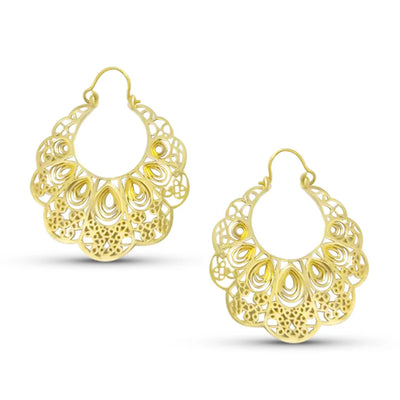 Pair of Gold Filigree Peacock Hoop Earrings featuring detailed filigree craftsmanship.