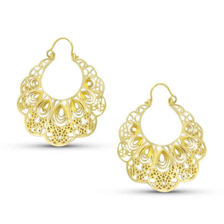 Pair of Gold Filigree Peacock Hoop Earrings featuring detailed filigree craftsmanship.