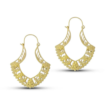Pair of gold filled tribal flower hoop earrings showing artistic handcrafted detailing.