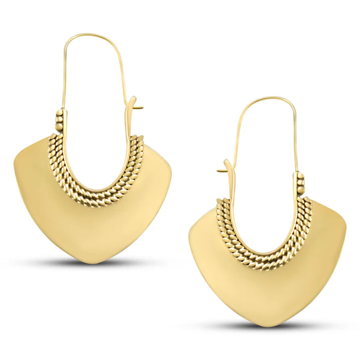 Pair of gold plated basket twisted line long drop hoop earrings showing textured handcrafted detailing.