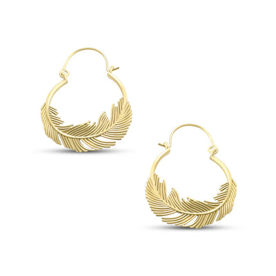 Pair of gold plated feather hoop earrings showing fine detailing and shine.