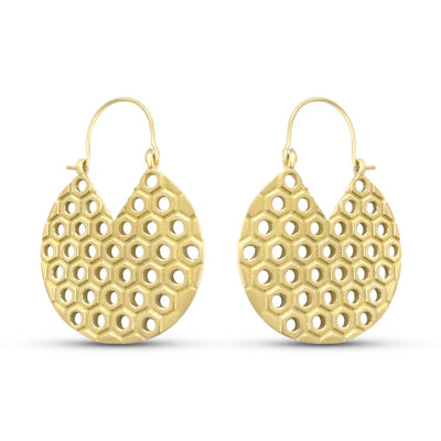Pair of gold-plated honeycomb hoop earrings shown from a side view on a white background.