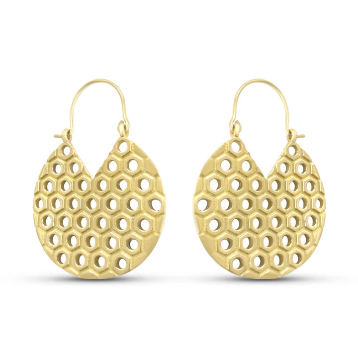 Pair of gold-plated honeycomb hoop earrings shown from a side view on a white background.