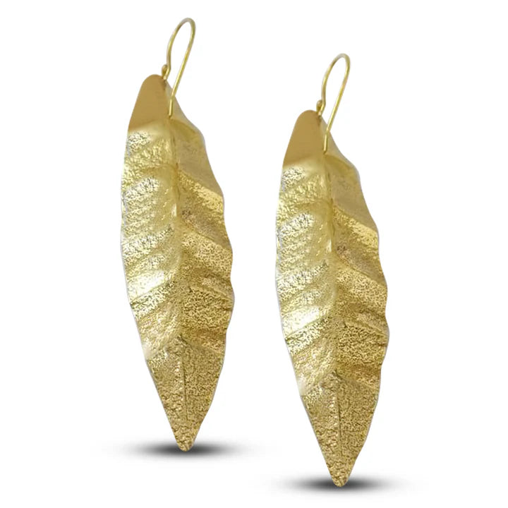 Pair of Laurel Gold Leaf Drop Statement Earrings featuring elegant handcrafted design.