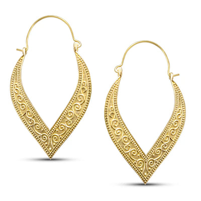Pair of gold plated leaf drops creole earrings showcasing intricate detailing and shine.