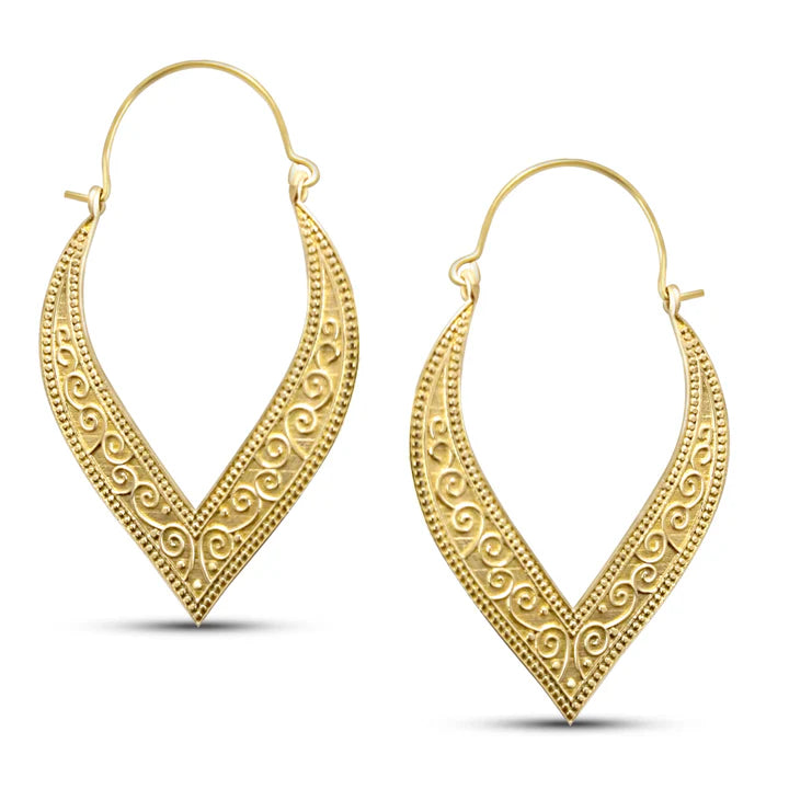 Pair of gold plated leaf drops creole earrings showcasing intricate detailing and shine.