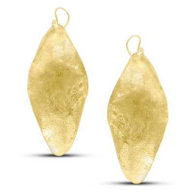 Pair of handcrafted long gold plated Fulani leaf drop earrings with elegant texture.