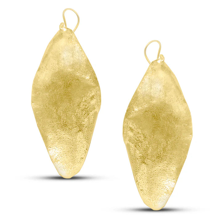 Pair of handcrafted long gold plated Fulani leaf drop earrings with elegant texture.