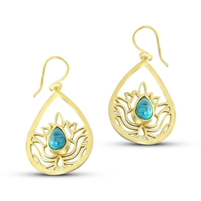 Pair of Lotus Turquoise Droplet Fish Hook Earrings featuring intricate floral pattern and turquoise centerpiece.