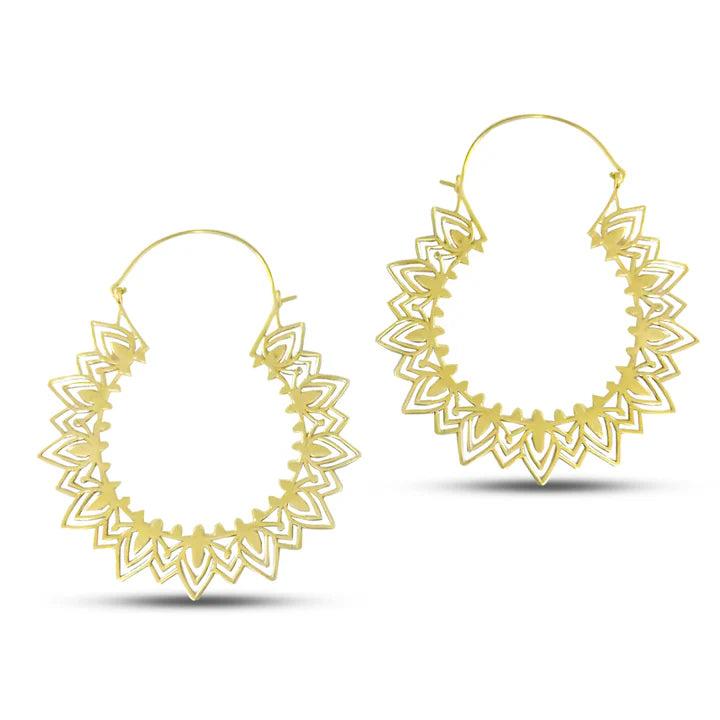 Pair of Mandala Flower Extra Large Hoop Earrings featuring intricate mandala-inspired design.
