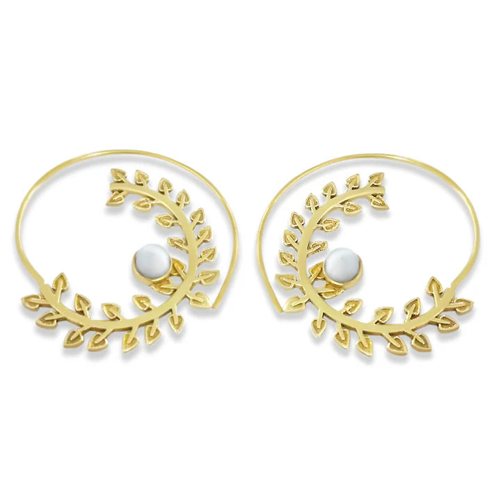 Pair of Moonstone Spiral Gold Leaf Center Pearl Earrings with delicate leaf detailing and pearl accent.