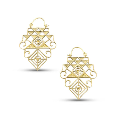 Pair of intricately detailed Shree Yantra gold plated geometric earrings with artistic design.