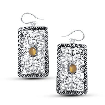 Pair of Silver Plated Rectangle Filigree Citrine Yellow Crystal Hook Earrings featuring vintage-inspired filigree work.