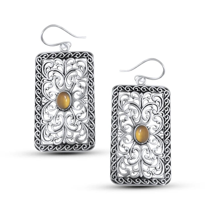 Pair of Silver Plated Rectangle Filigree Citrine Yellow Crystal Hook Earrings featuring vintage-inspired filigree work.