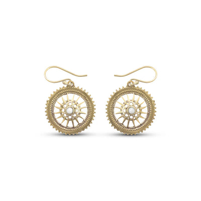 Pair of small gold chakra center white crystal hook earrings showcasing detailed circular pattern.