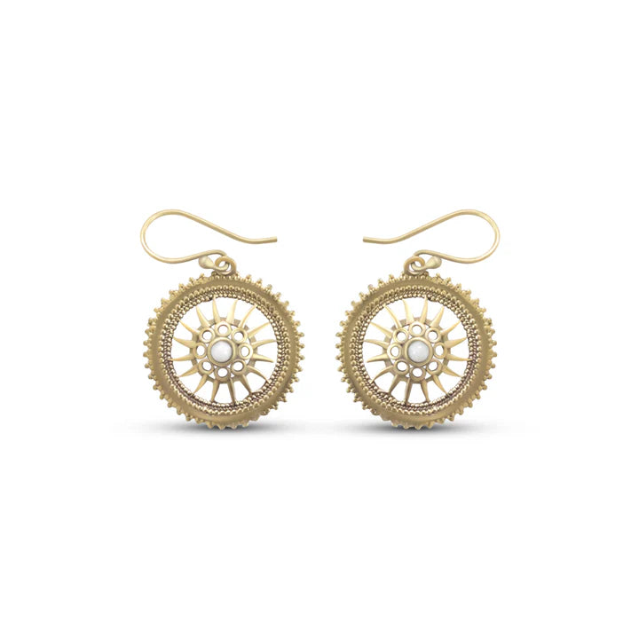 Pair of small gold chakra center white crystal hook earrings showcasing detailed circular pattern.