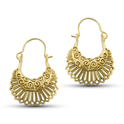 Pair of small gold bali hoop earrings with delicate flower-inspired handcrafted detailing.